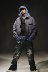 TRECLUB Washed Faux Fur Lined Bomber Jacket