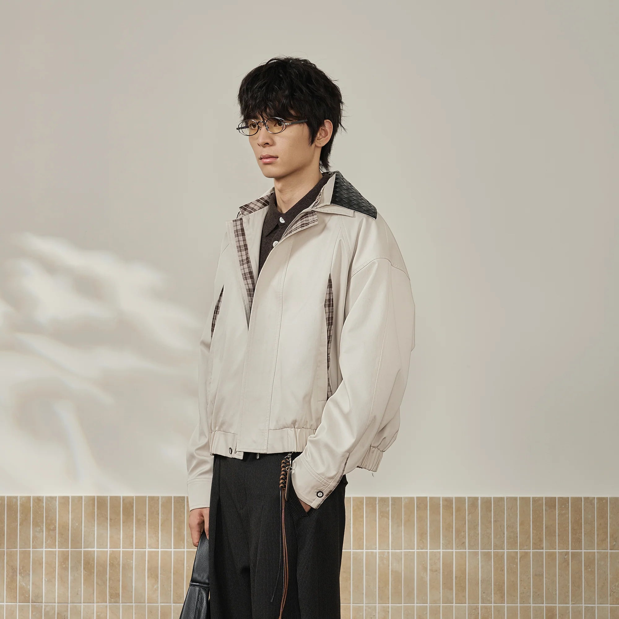 MOITIEDEPETALE Convertible Collar & Hood Plaid Pocket Jacket
