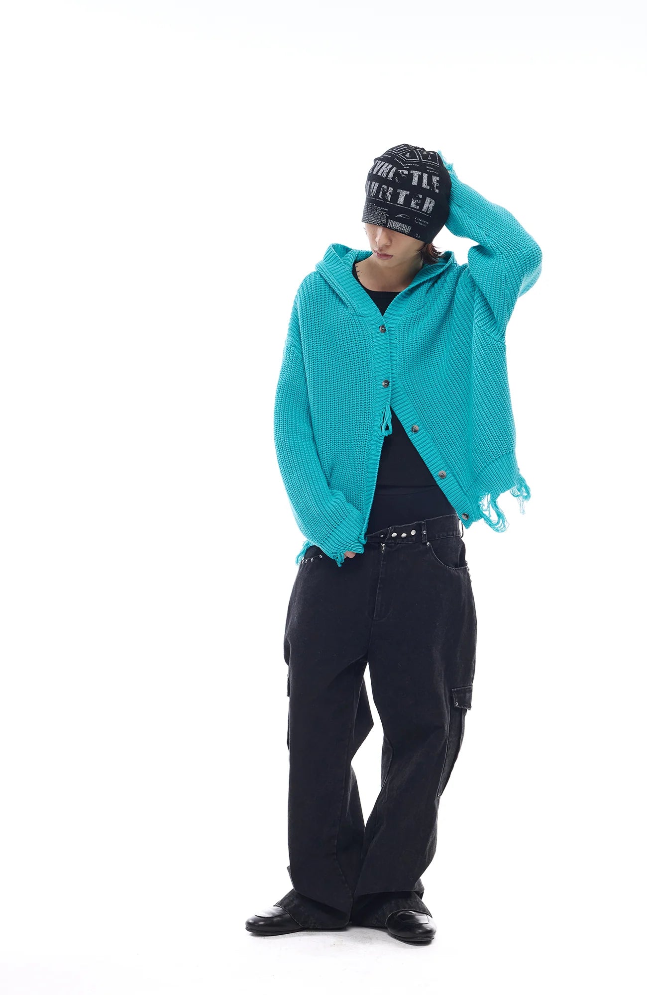 WHISTLEHUNTER Distressed Knit Hooded Cardigan