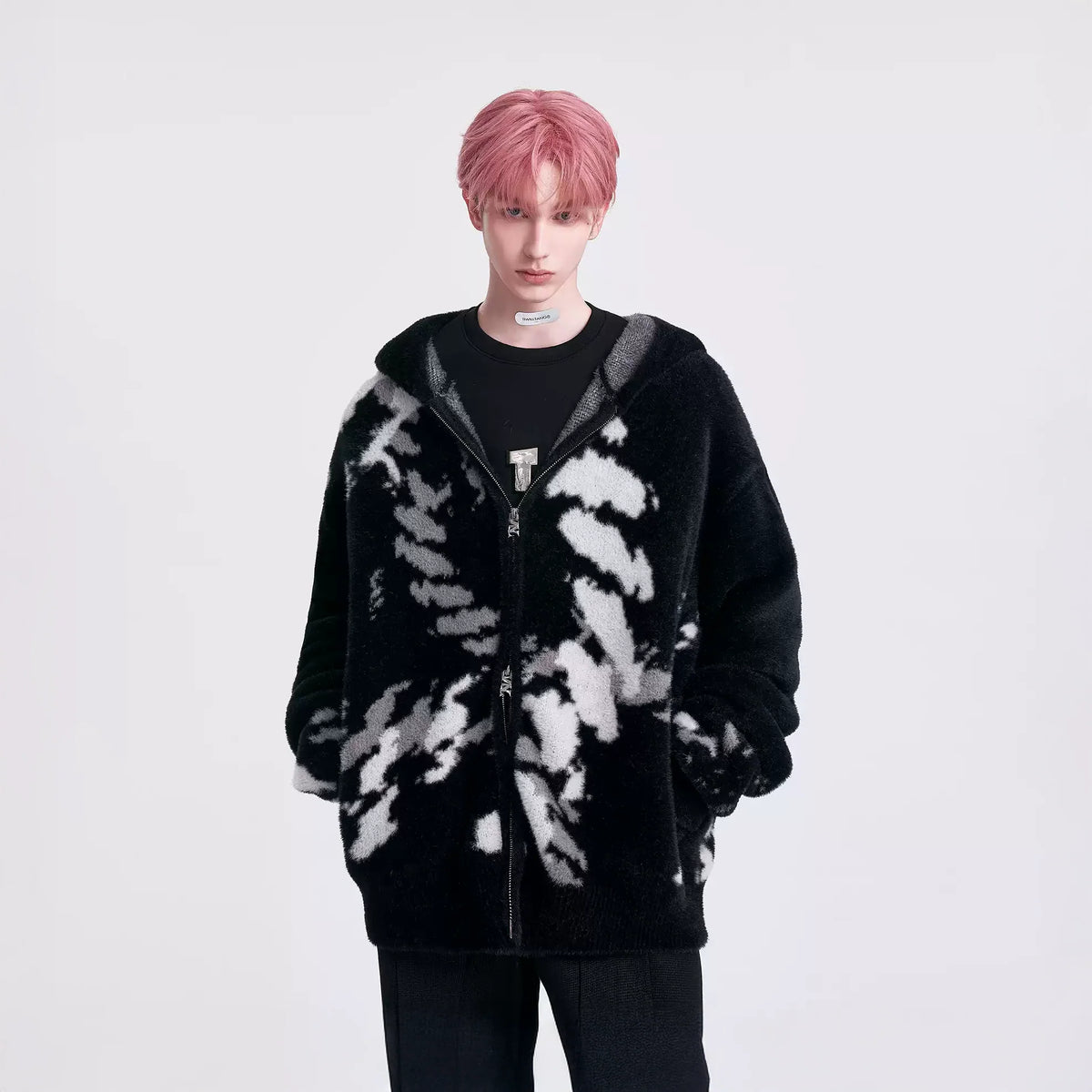 TIWILLTANG Contrast Jacquard Fuzzy Hooded Jacket