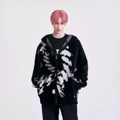 TIWILLTANG Contrast Jacquard Fuzzy Hooded Jacket