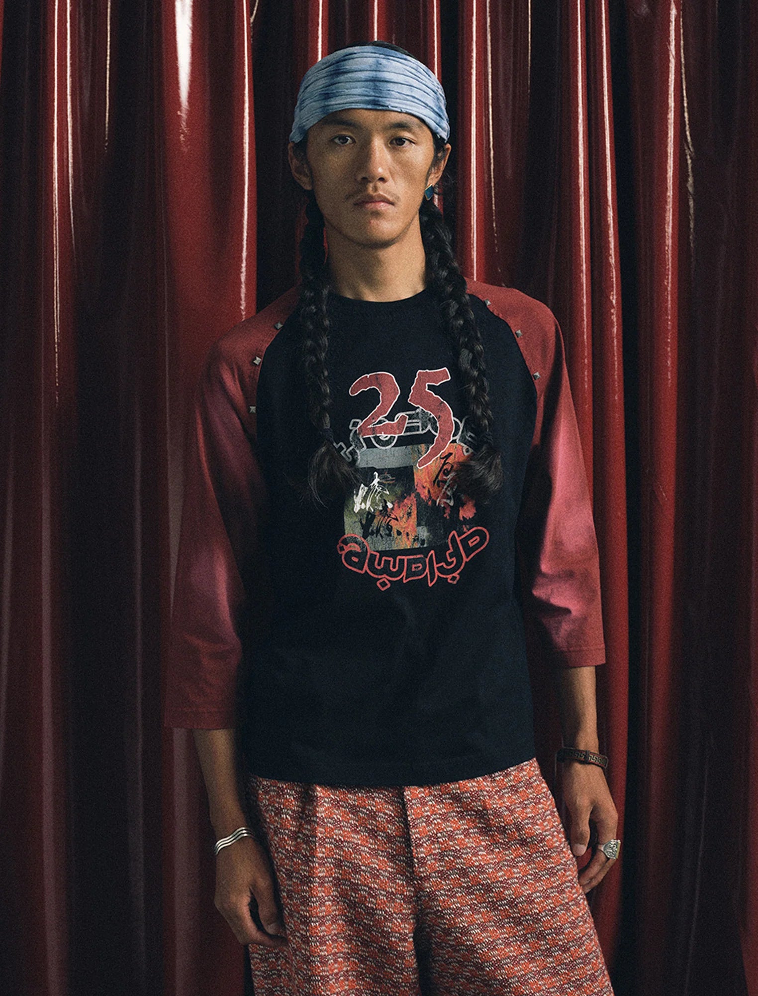 TRECLUB Studded Raglan Graphic 3/4 Sleeve Tee