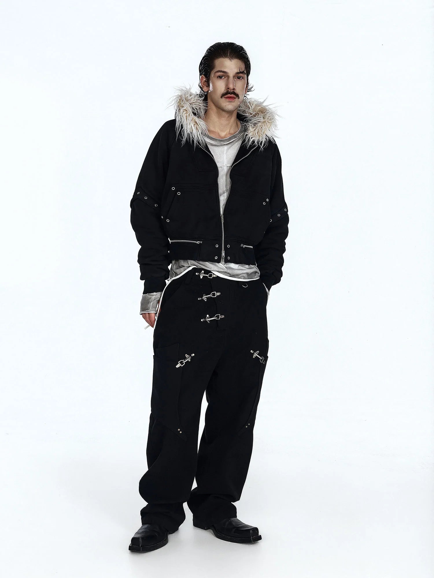 FLYERRER Detachable Faux-Fur Trim Cropped Jacket