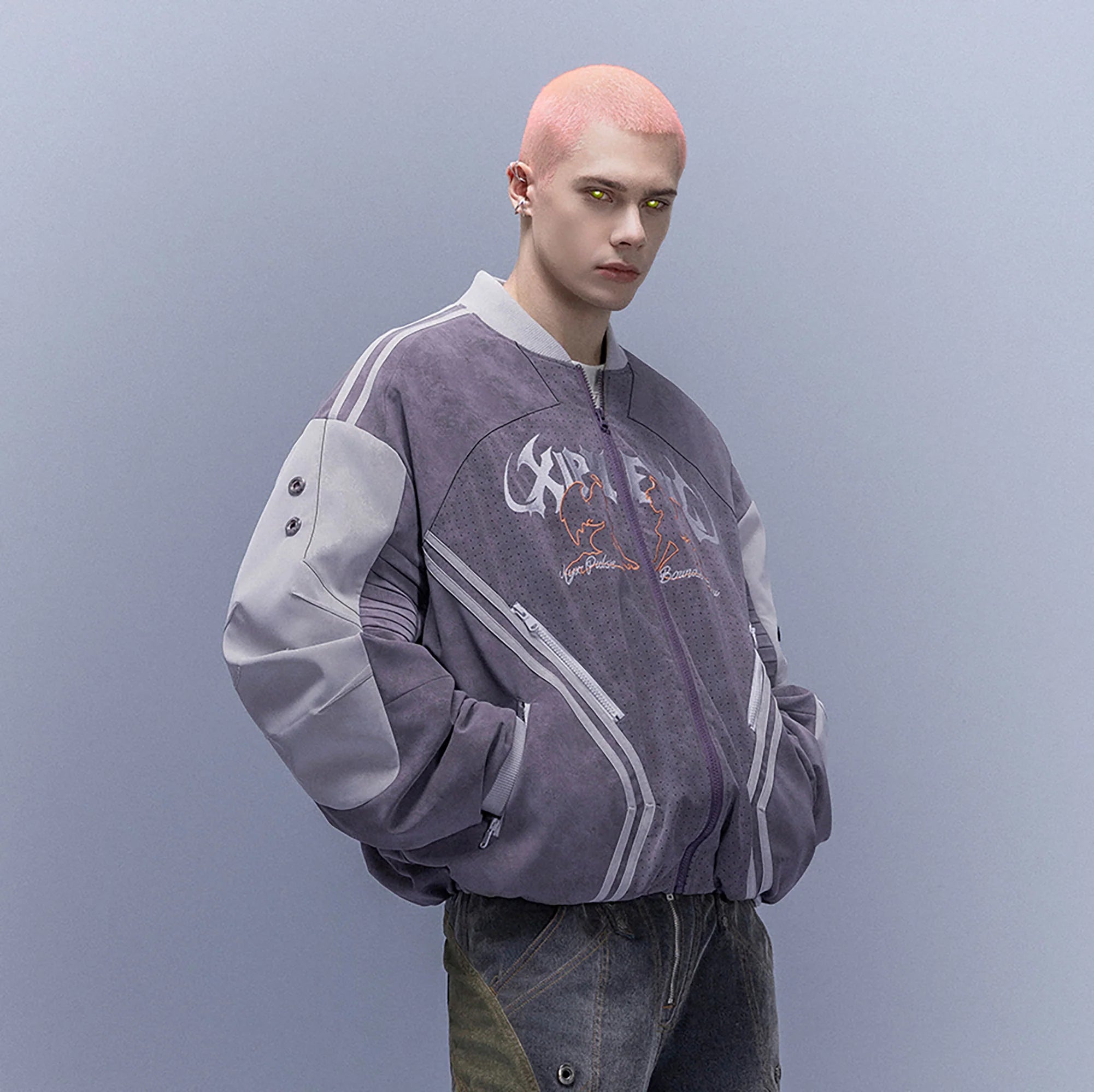 XIPHEVIL Faux Suede Embroidered LOGO Bomber Purple