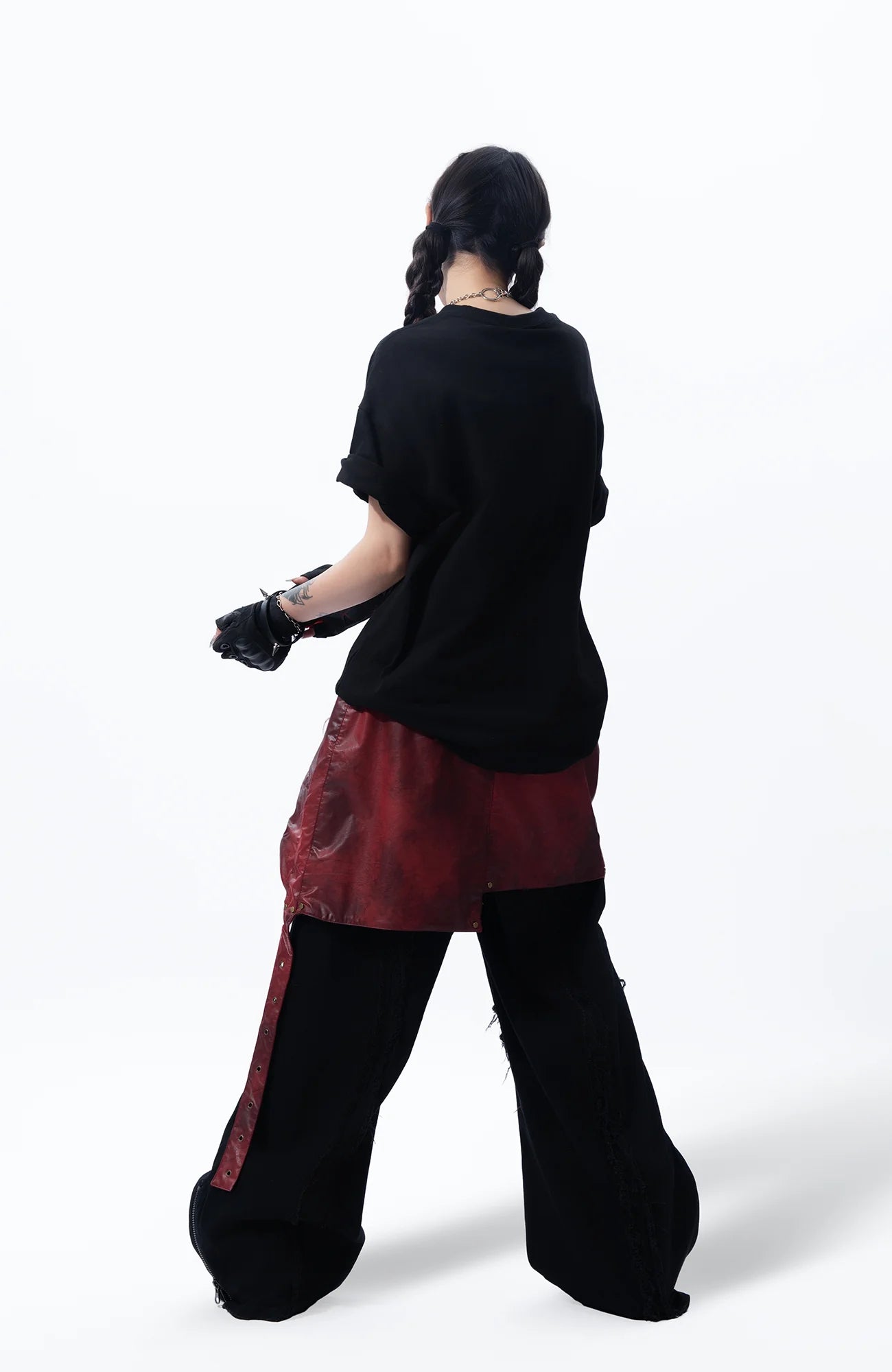 MOGONGSHE Detachable PU Drape  Frayed Cross Jeans
