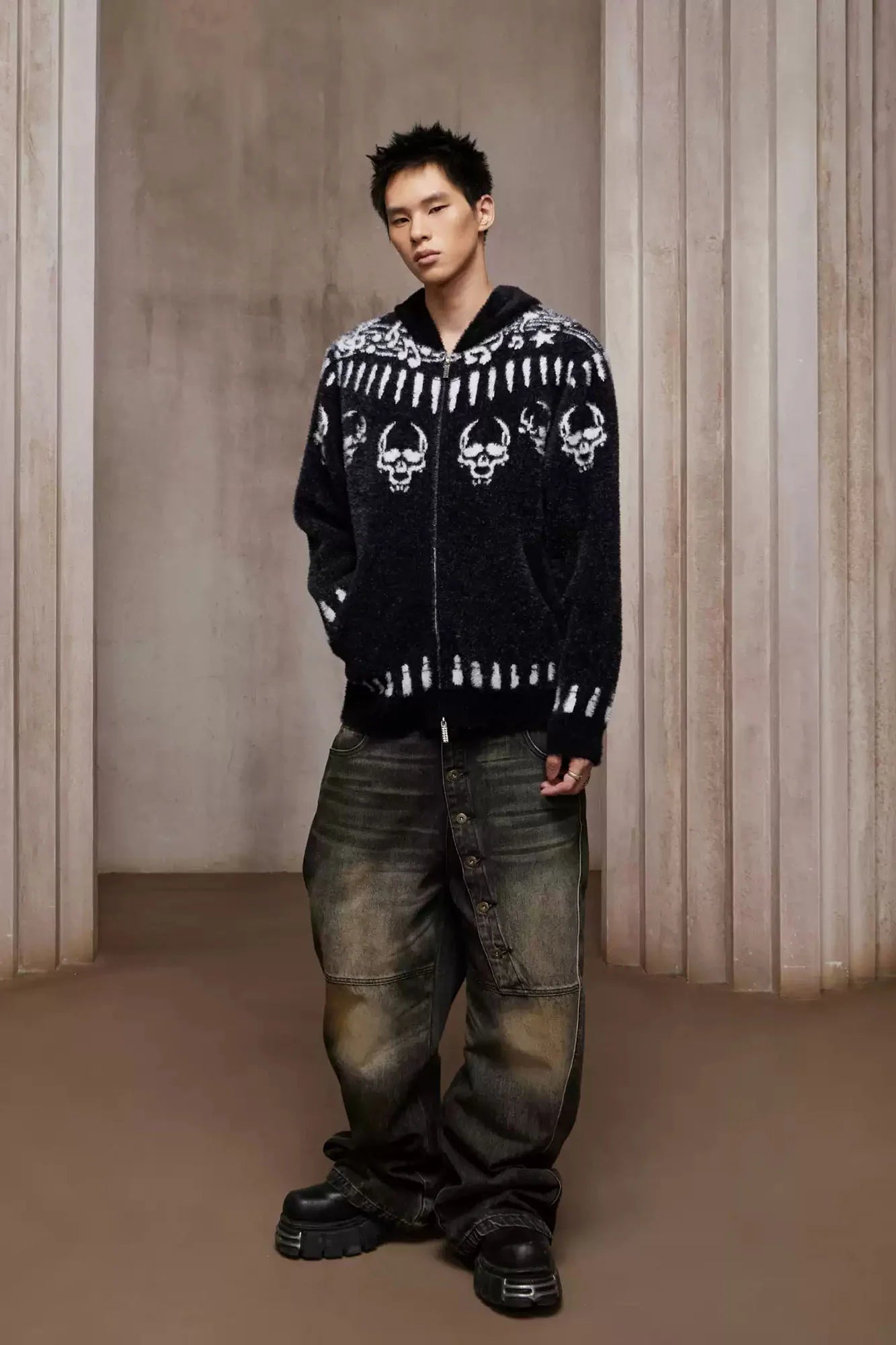 DND4DES Faux Mink Skull Jacquard Hooded Jacket