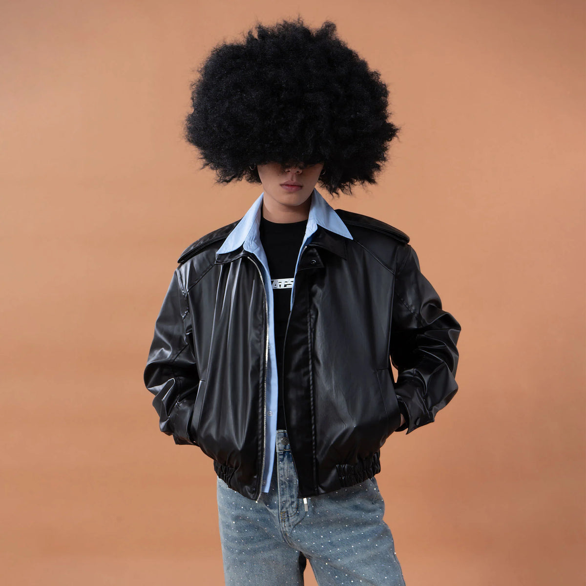 CLP Contrast Layer PU Cropped Moto Jacket