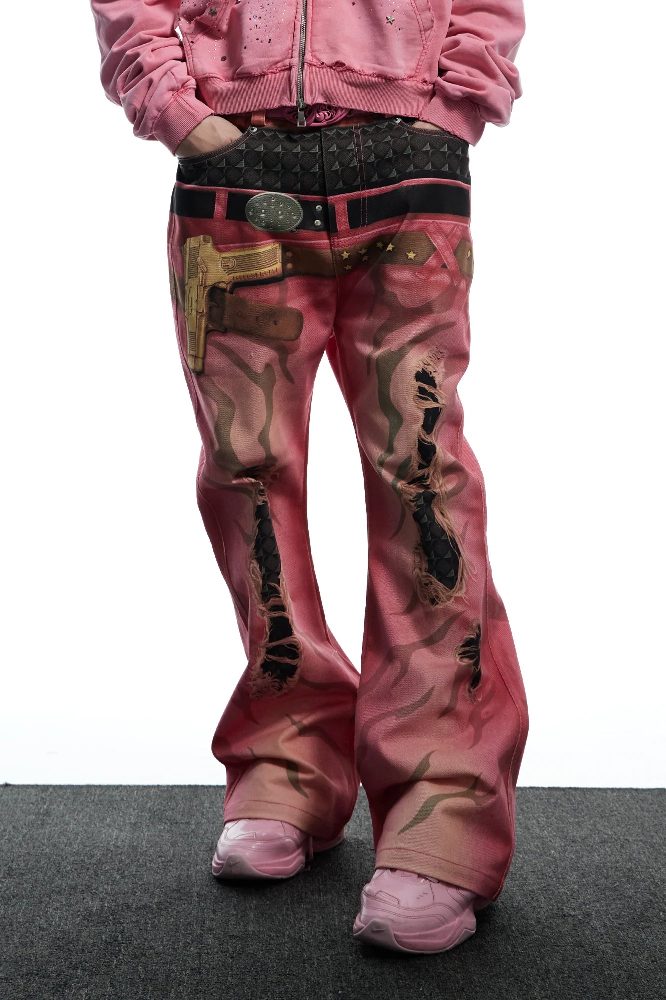 DND4DES Distressed Print Double-Waist Flare Jeans Pink