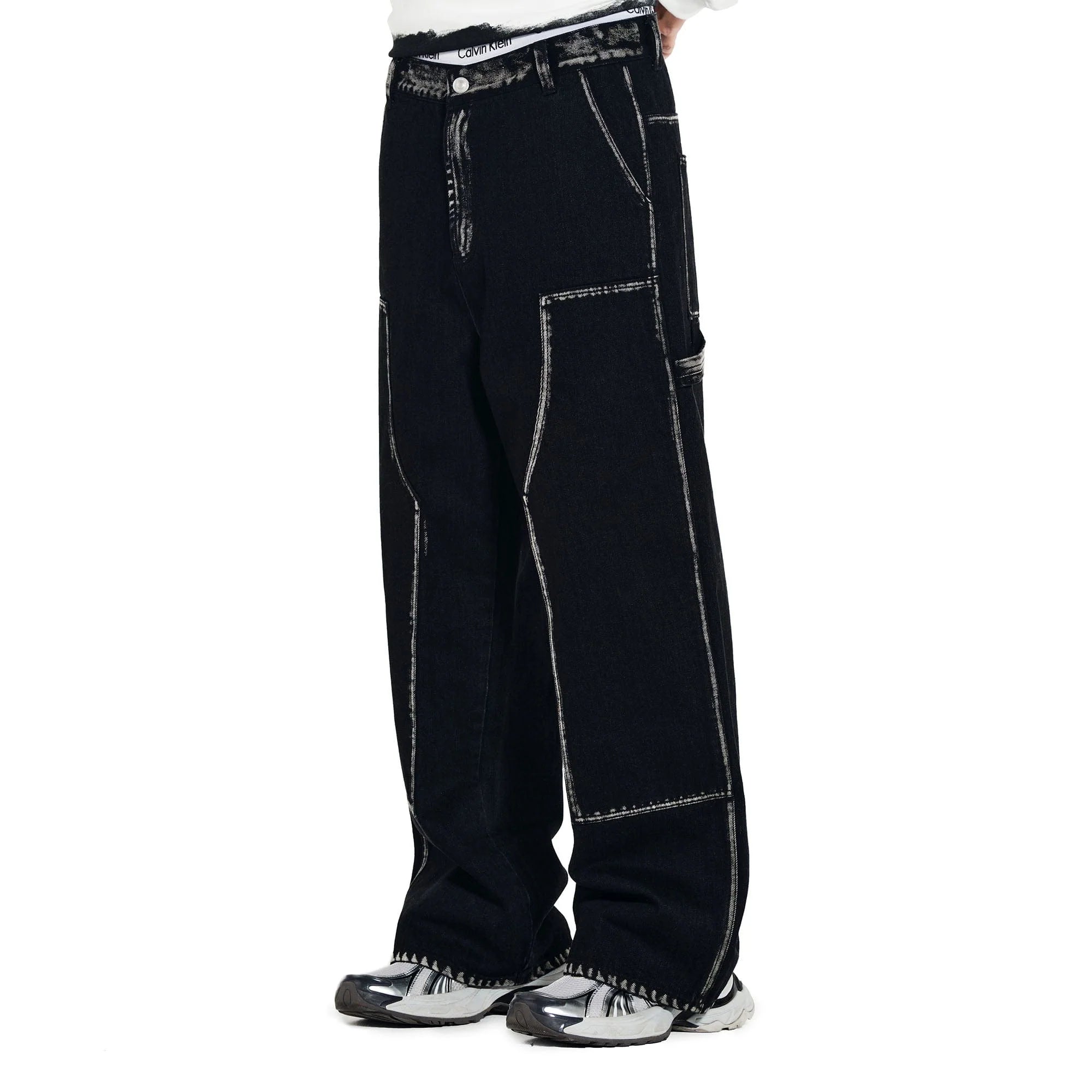 OVERLAPS Contrast Brushstroke Trim Double-Knee Jeans