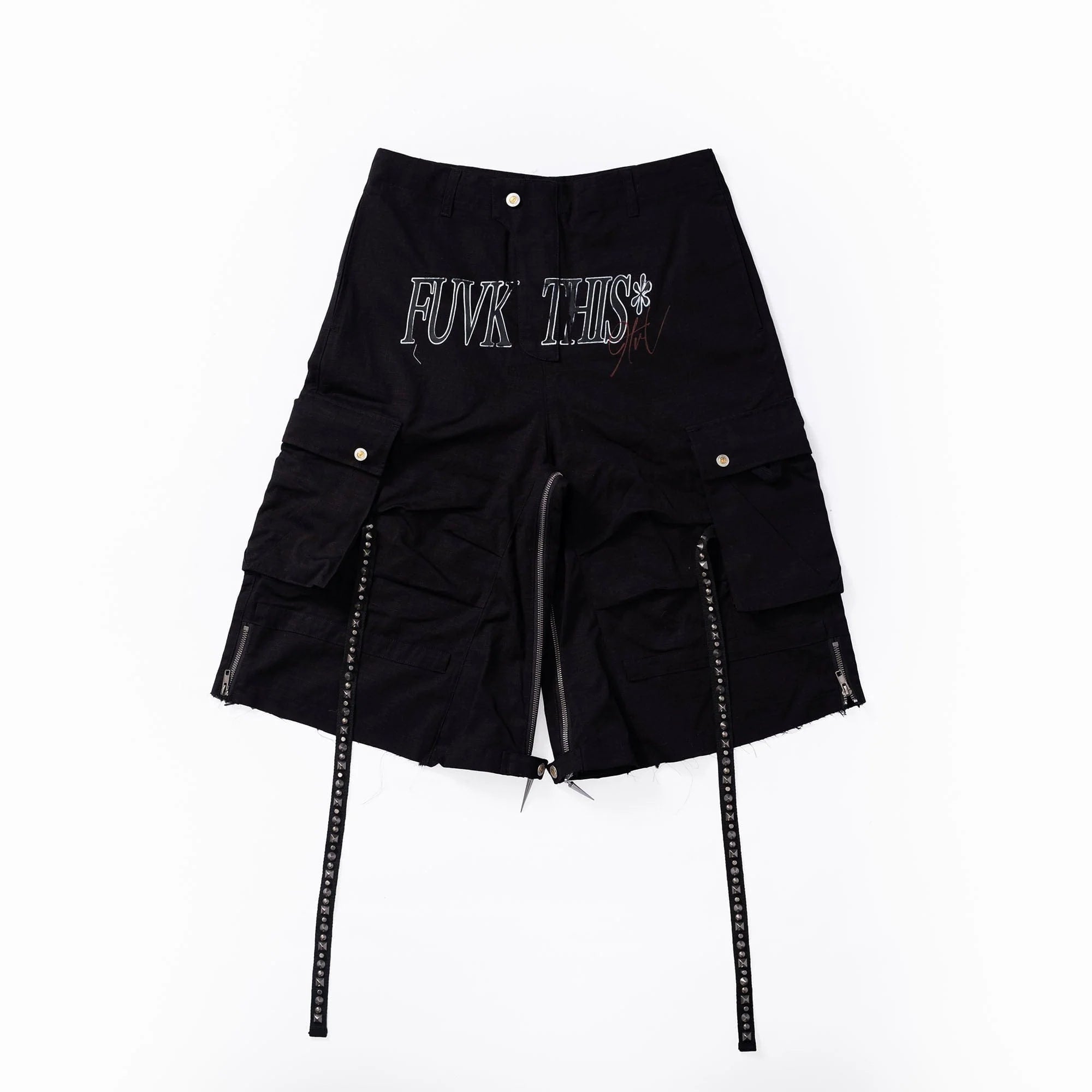 FVVO Distressed Rivet Strap Cargo Shorts Black