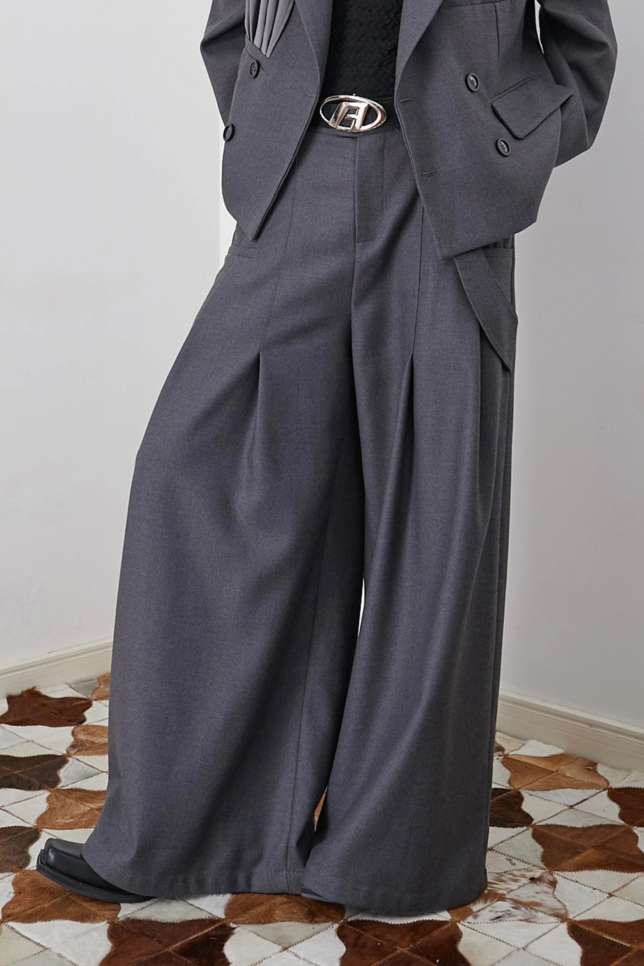 ASSEEN Asymmetrical Tab Pleated Wide-Leg Pants Gray
