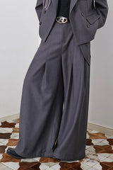 ASSEEN Asymmetrical Tab Pleated Wide-Leg Pants Gray