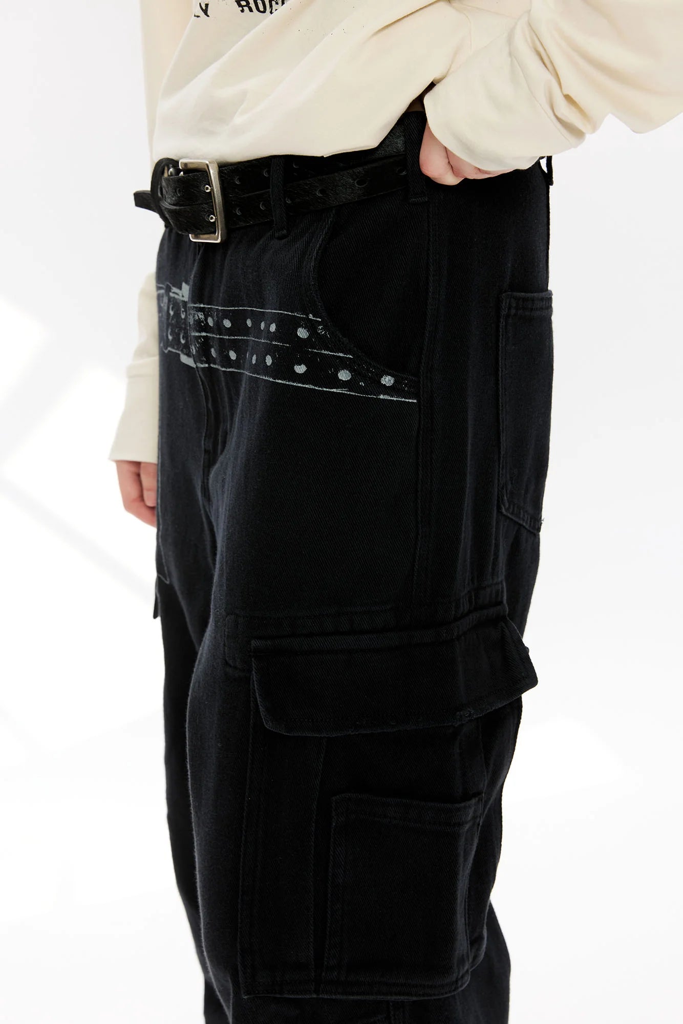 KREATE Washed Belt Graphic Crinkled Cargo Pants