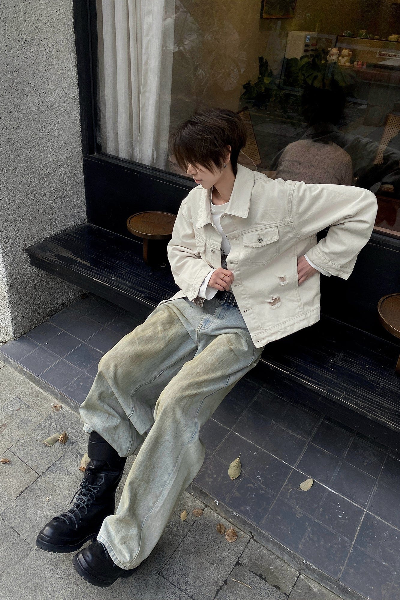 OKAYTHXBYE Distressed Houndstooth-Lined Frayed Jacket