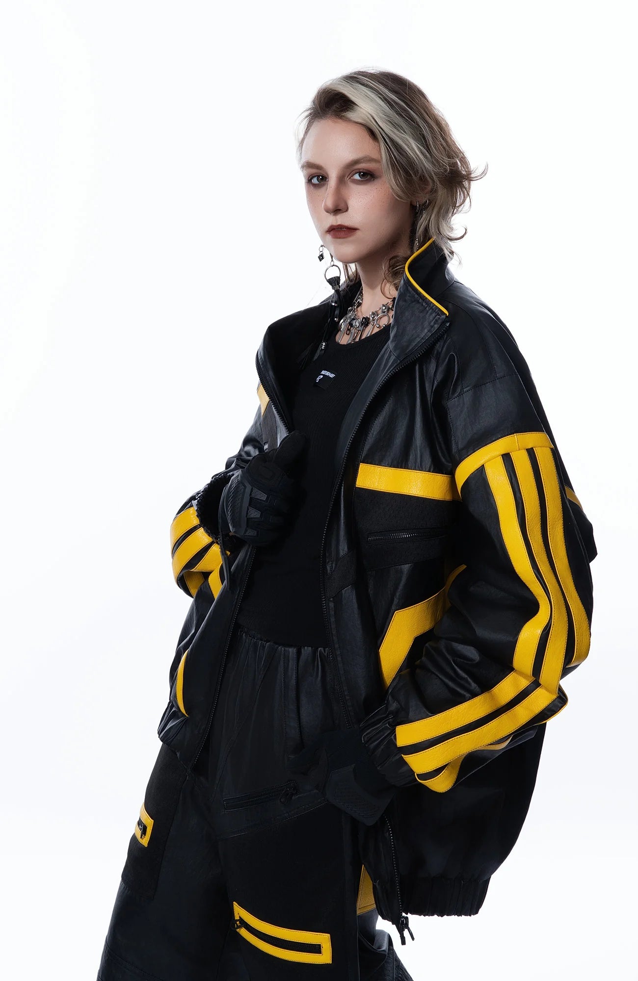MOGONGSHE Contrast Stripe PU Moto Jacket