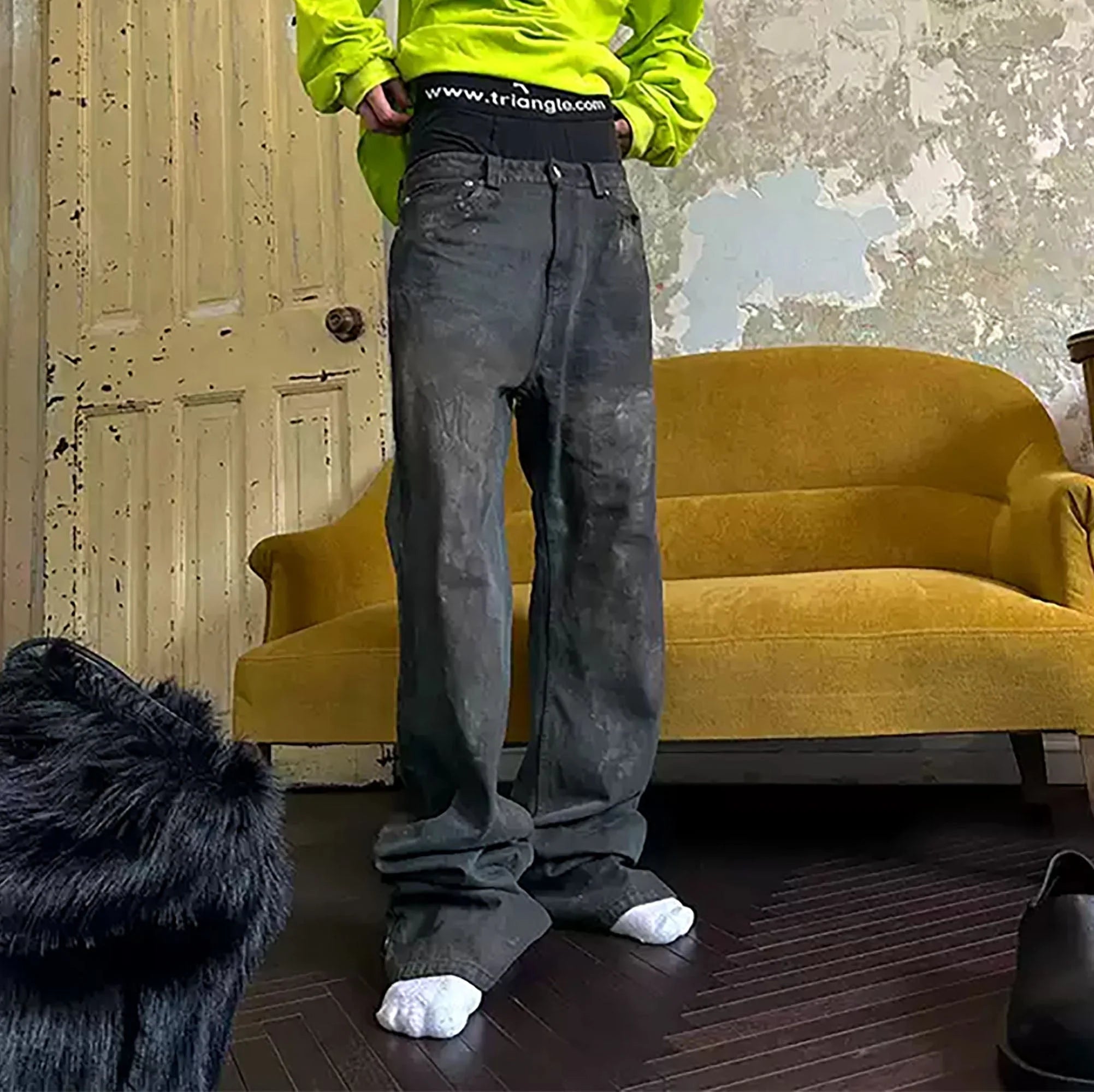 TRIANGLE PROJECT Dirty-Washed Paint-Splattered Straight-Leg Denim Pants