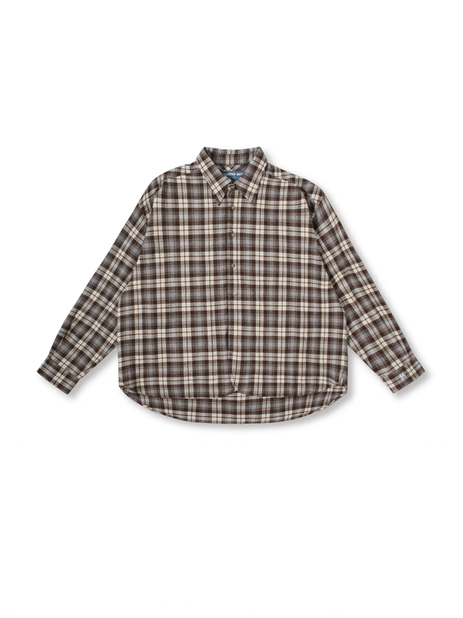 UNLIMITED MOTE Plaid Oversized Half-Open Collar Shirt Brown