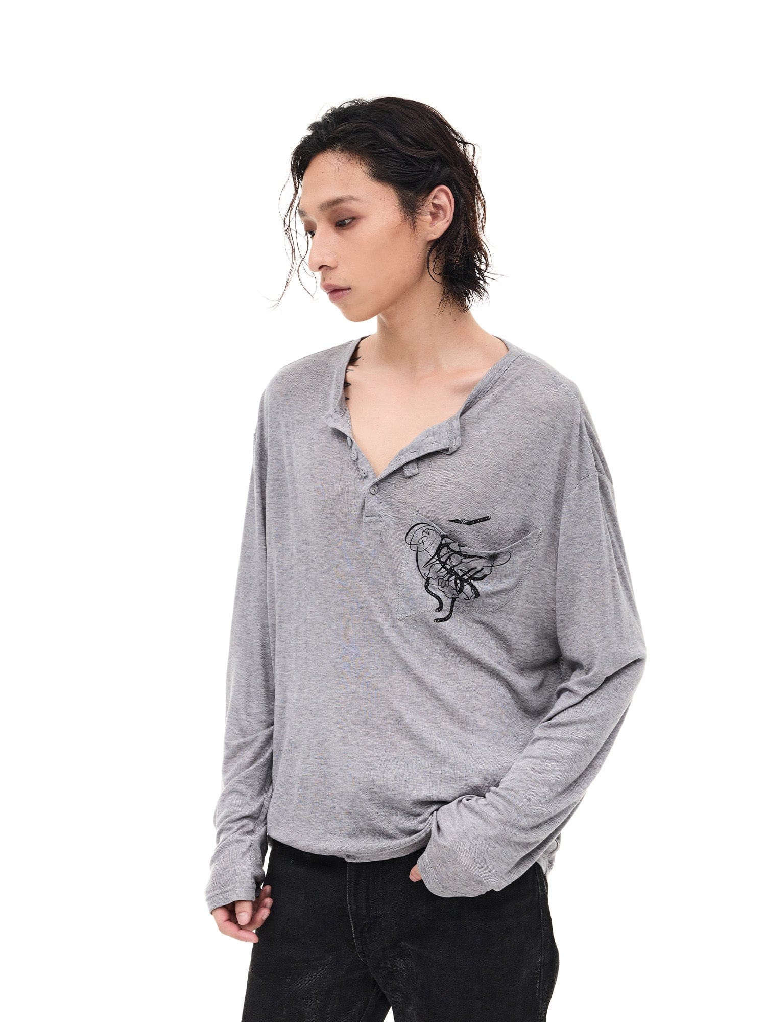 WHISTLEHUNTER Merino-Tencel Henley Graphic Long-Sleeve Tee