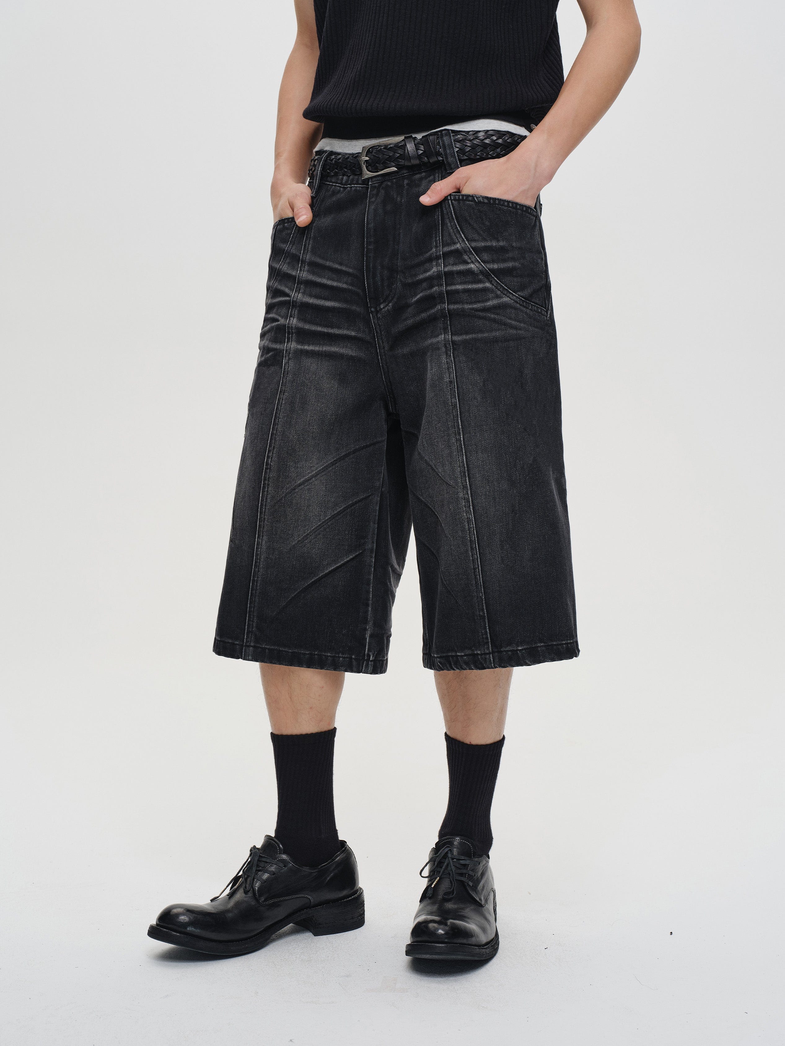 CATSSTAC Whisker-Wash Middle-Spliced Wide-Leg Shorts