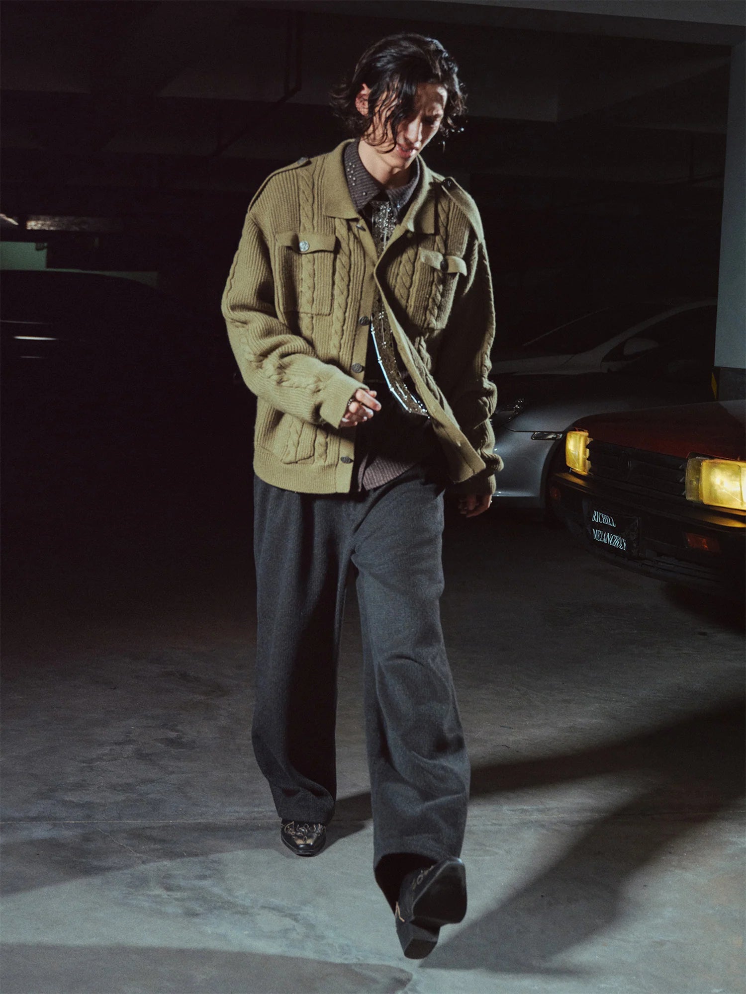 RICHILL Epaulet Multi-Pocket Cable Knit Jacket