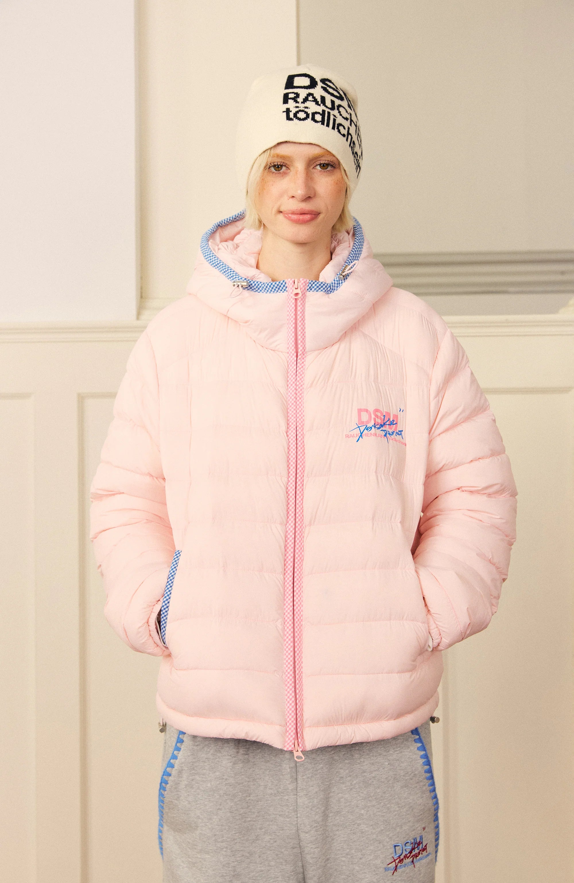 DONSMOKE Plaid Trim Hooded Down Puffer