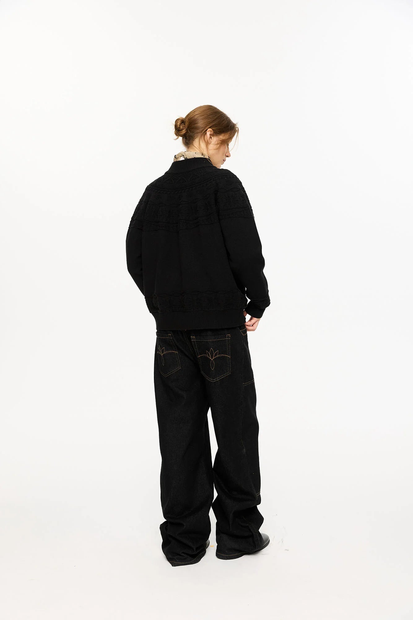 KREATE Double-Placket Jacquard Yoke Cardigan