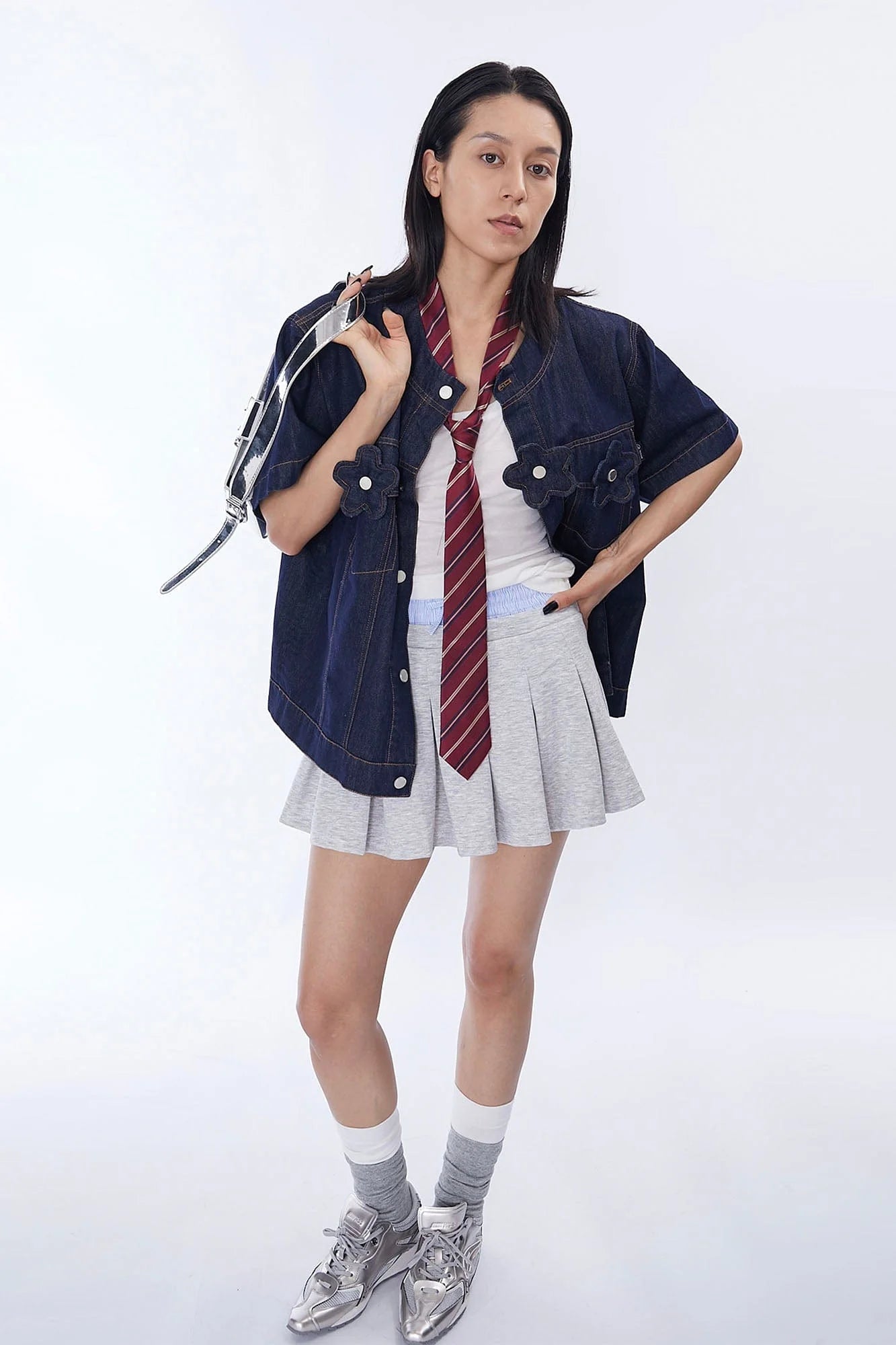 ASSEEN Flower Patchwork Stitched Raw Denim Half Shirt