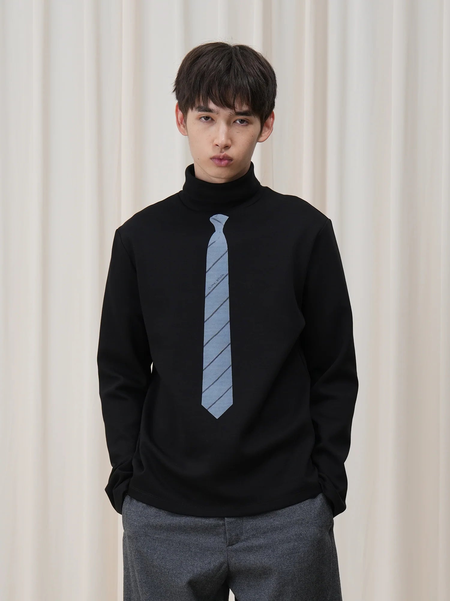 OUYANG WENJUN Stripes-Tie Graphic Turtleneck Long-Sleeve Tee