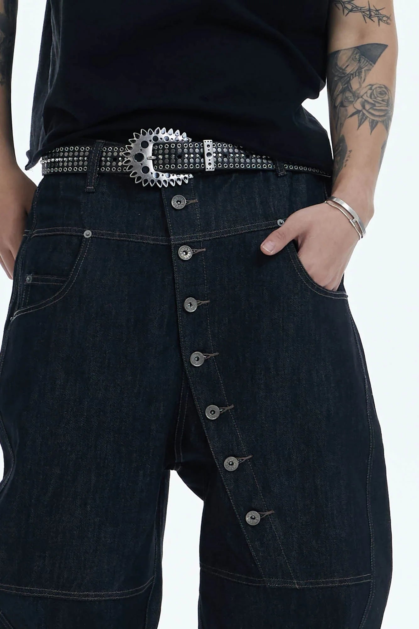 DND4DES Asymmetric Button-Fly Spliced Baggy Jeans