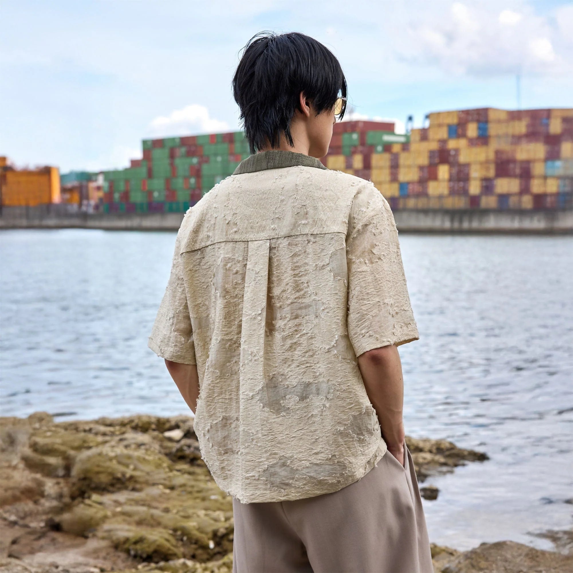 ALVNG AR ANTS Botanical Dyed Burnout Textured Spliced Half Shirt