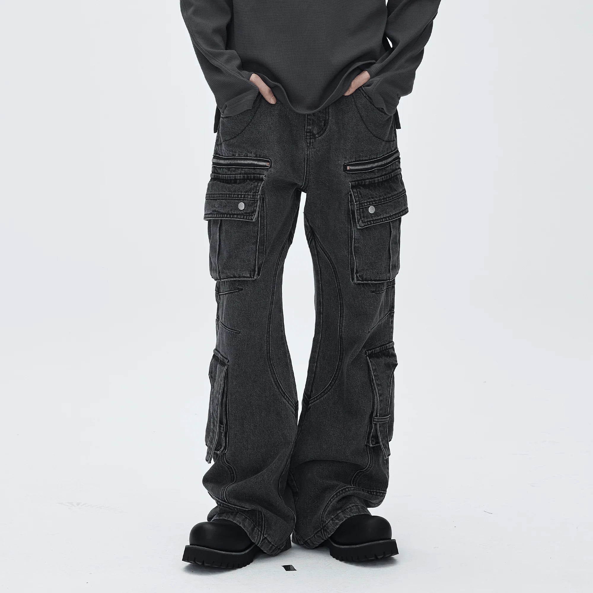 CATSSTAC Washed Multi-Pocket Utility Straight-Leg Jeans