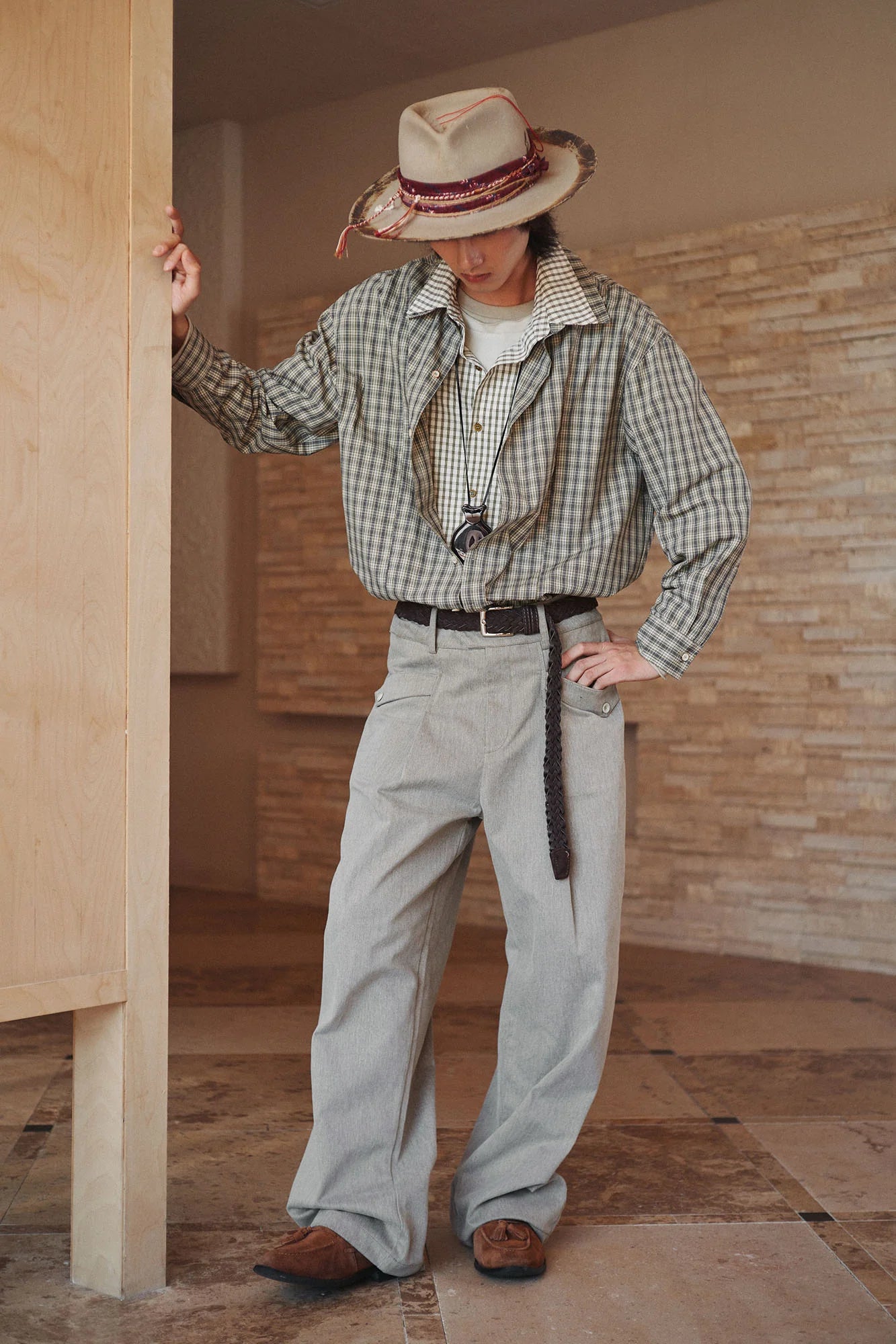 GONGHE REPUB Faux Layered Collar Plaid Shirt