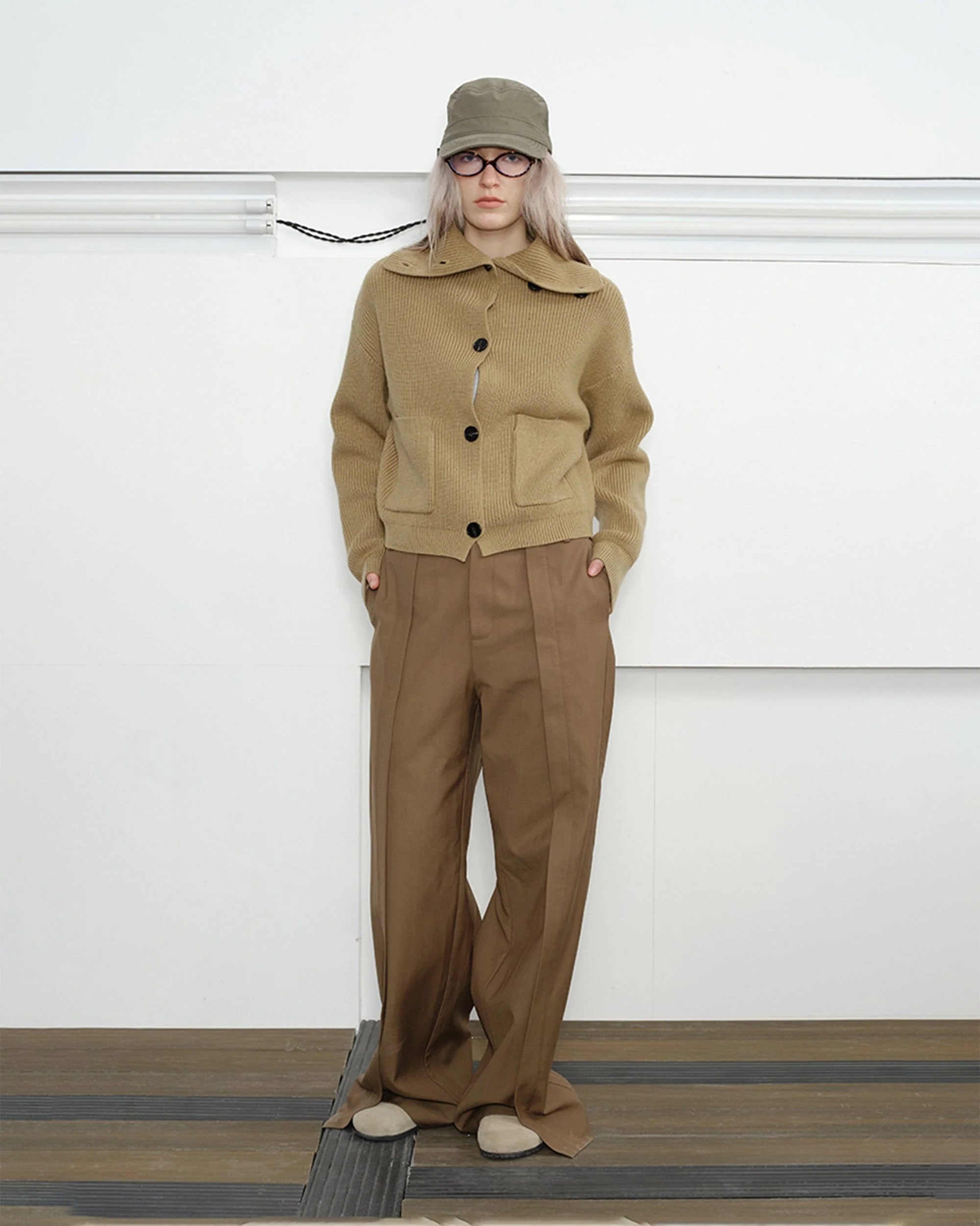 KREATE High-Collar Big-Pocket Button-Up Knitted Jacket