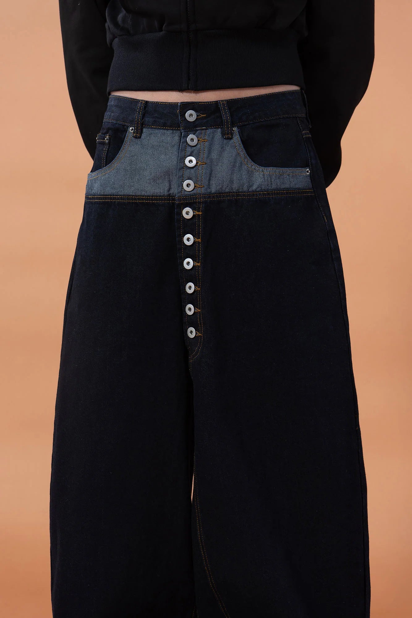 CLP Contrast-Waist Botton-Fly Oversized Raw Jeans
