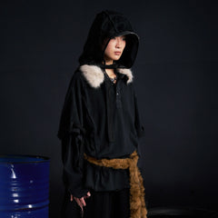 RECOVER ZONE Detachable Faux Fur Collar Long Sleeve Shirt