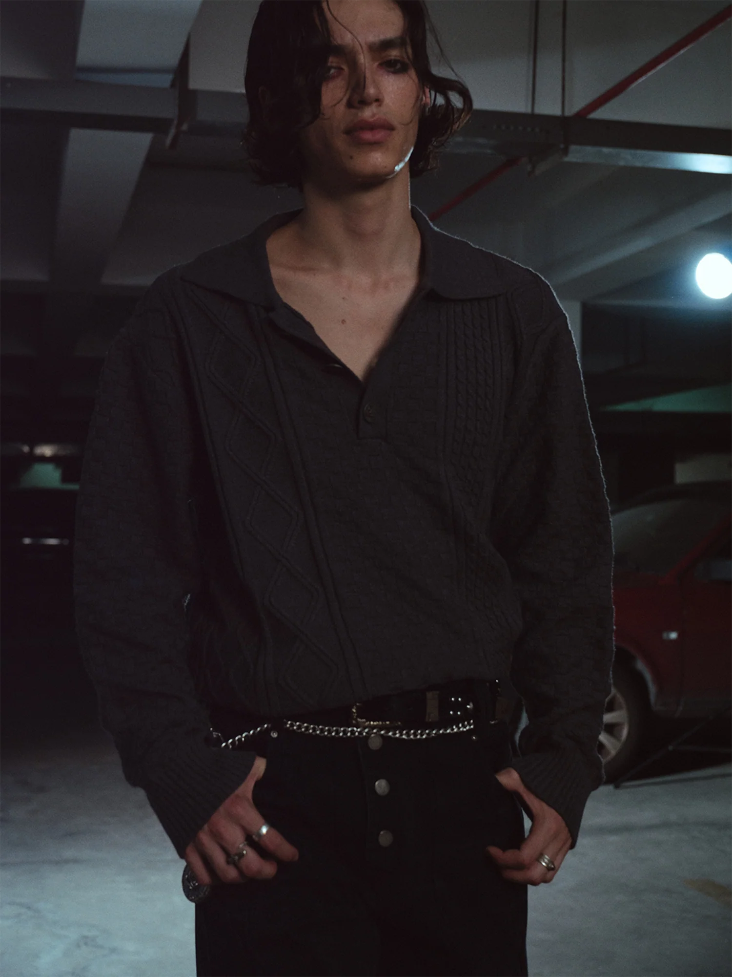 RICHILL Classic Mental-Button Cable Polo Sweater