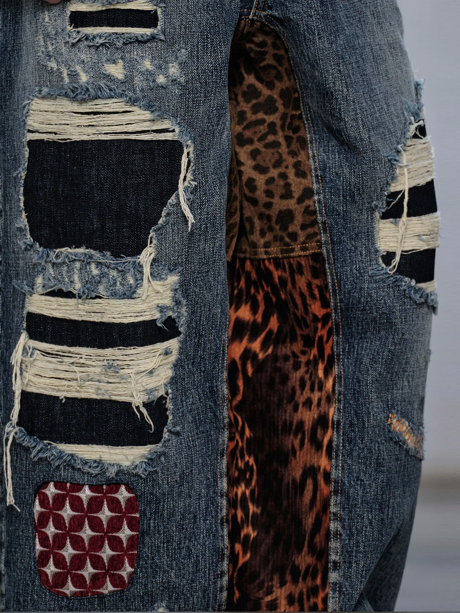 FACEONLAB Distressed Patch Leopard Paneled Jeans