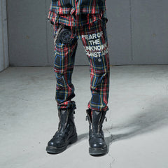 VENTUREK Distressed Zippered-Hem Slogan Slim Plaid Pants