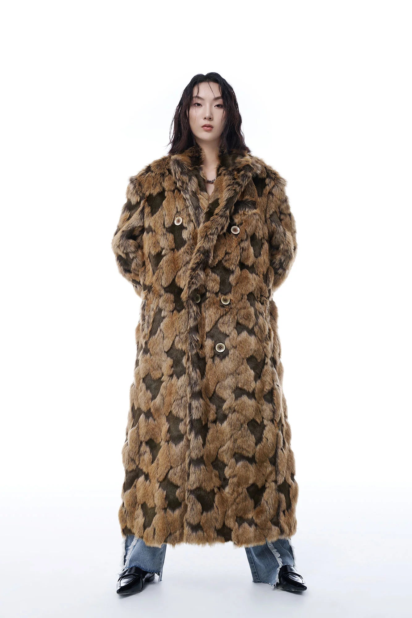 TUIMU Leopard Faux Mink Double-Breasted Coat