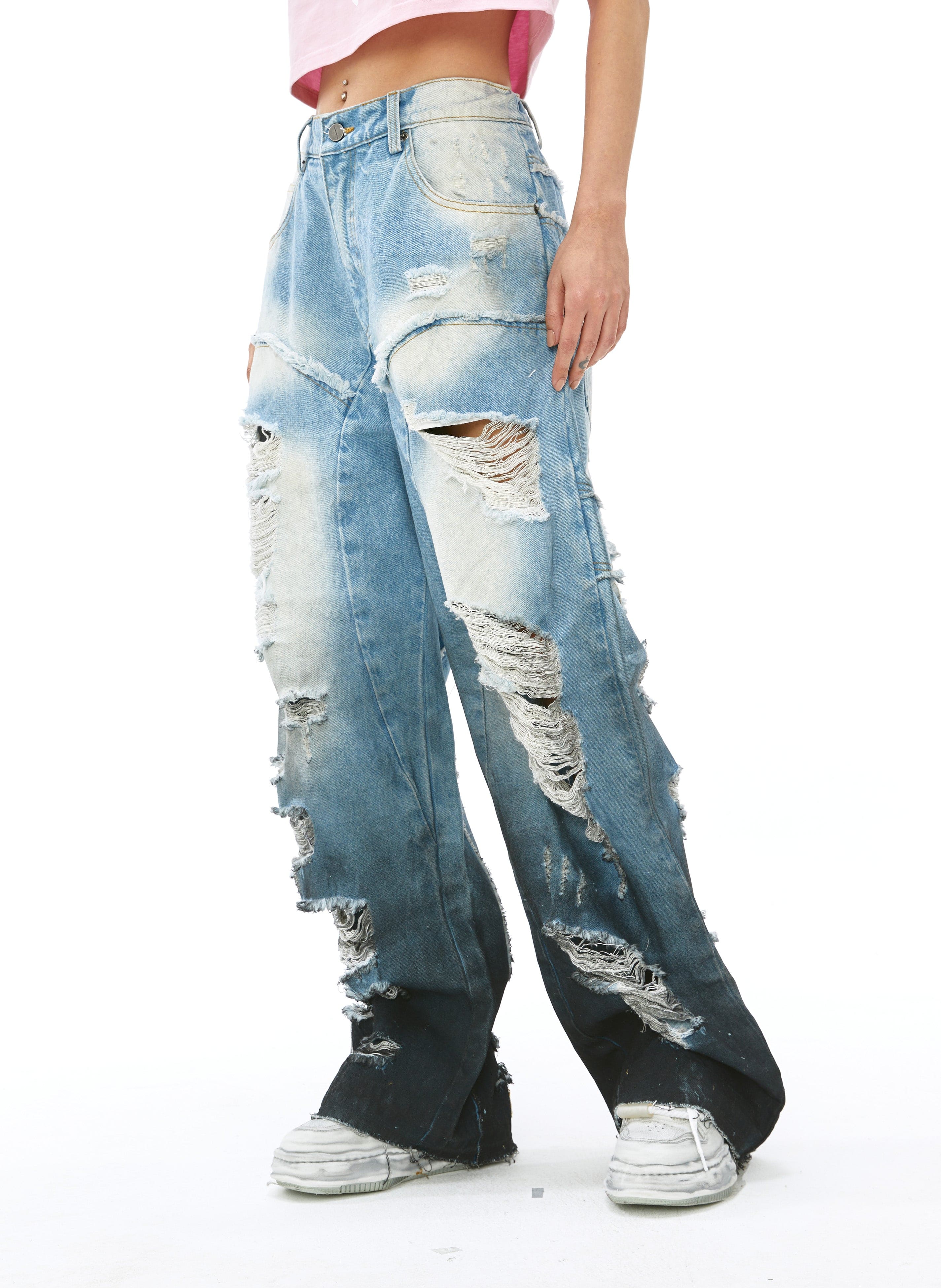 VANN VALRENCE Distressed Gradient Wash Structural Ripped Jeans