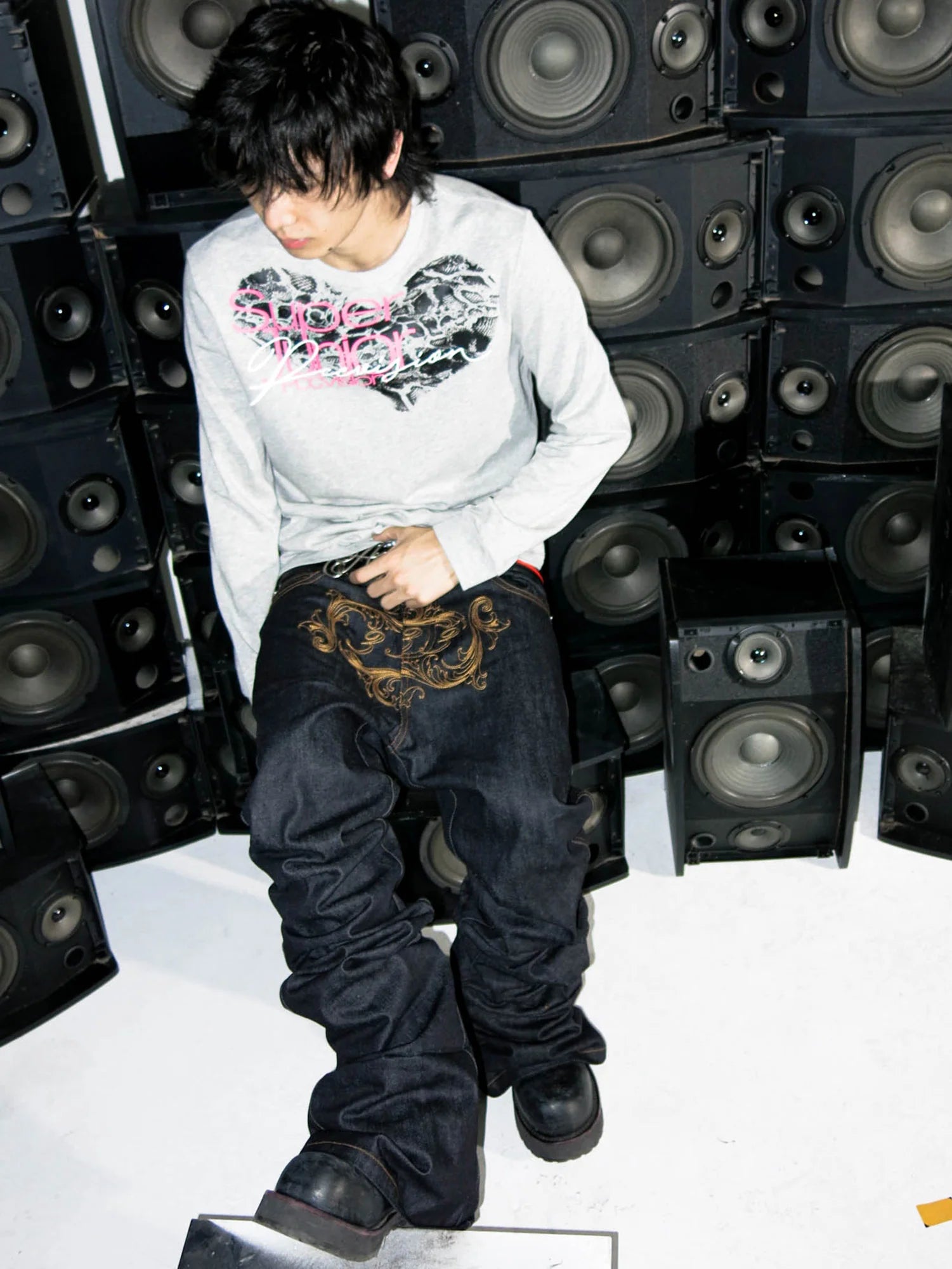 PCCVISION Baroque Embroidered Raw Denim Stacked Jeans
