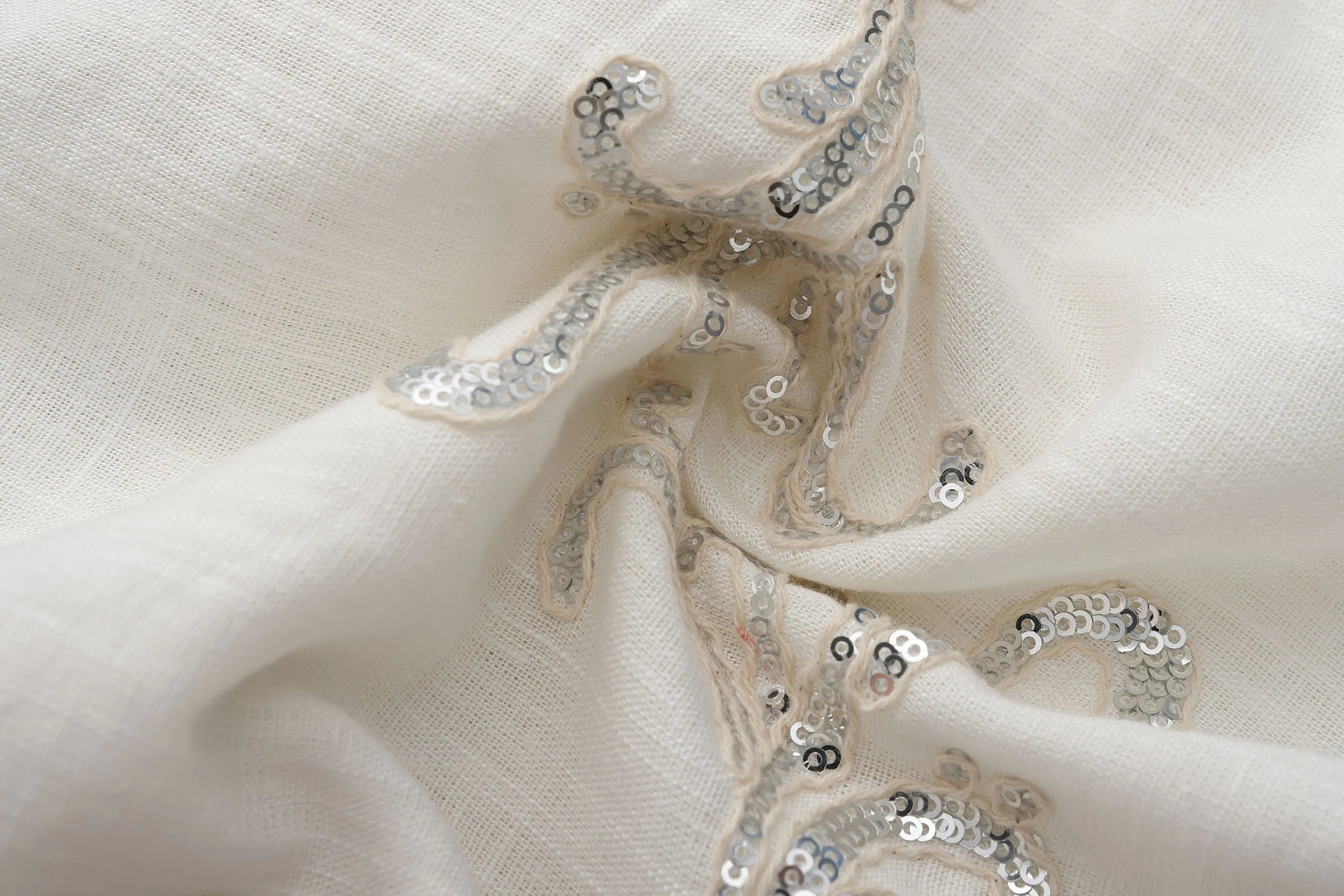 ORAL UTOPIA Ornate Sequin Embroidered Linen-Blended Tie Shirt
