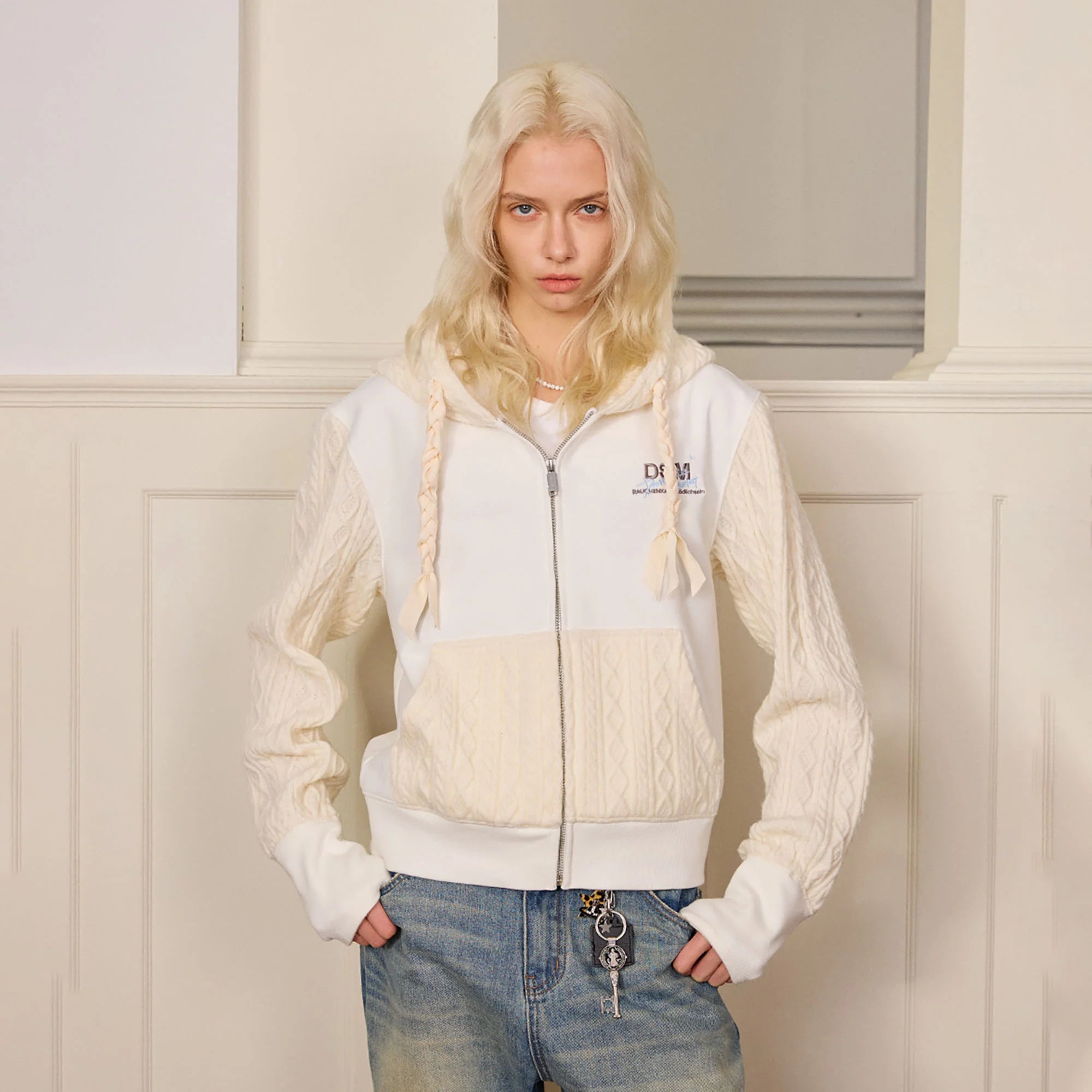 DONSMOKE Spliced Cable-Knit Zip-Up Hoodie