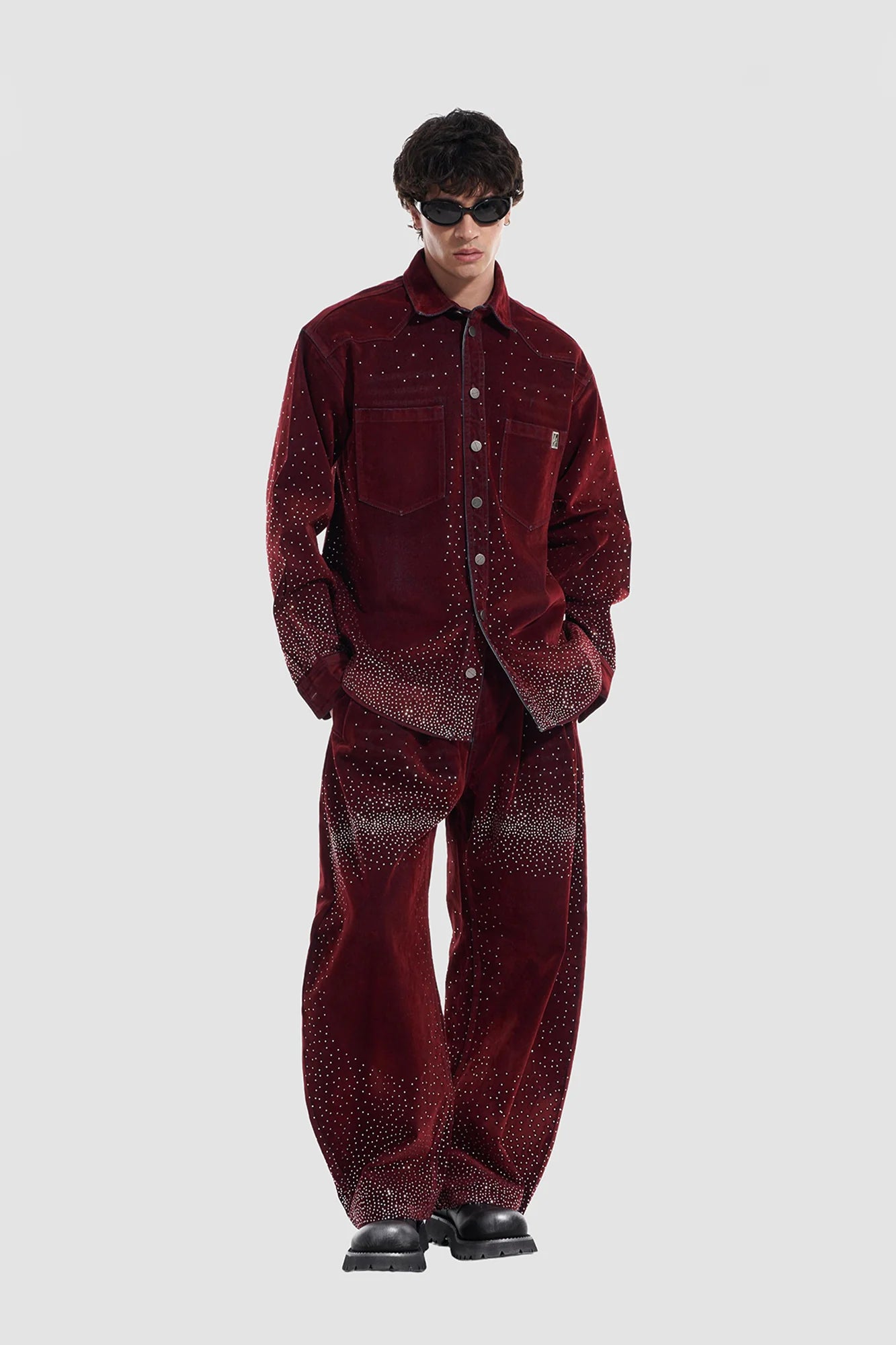 VANN VALRENCE Diamond-Studded Velvet Shirt Jacket