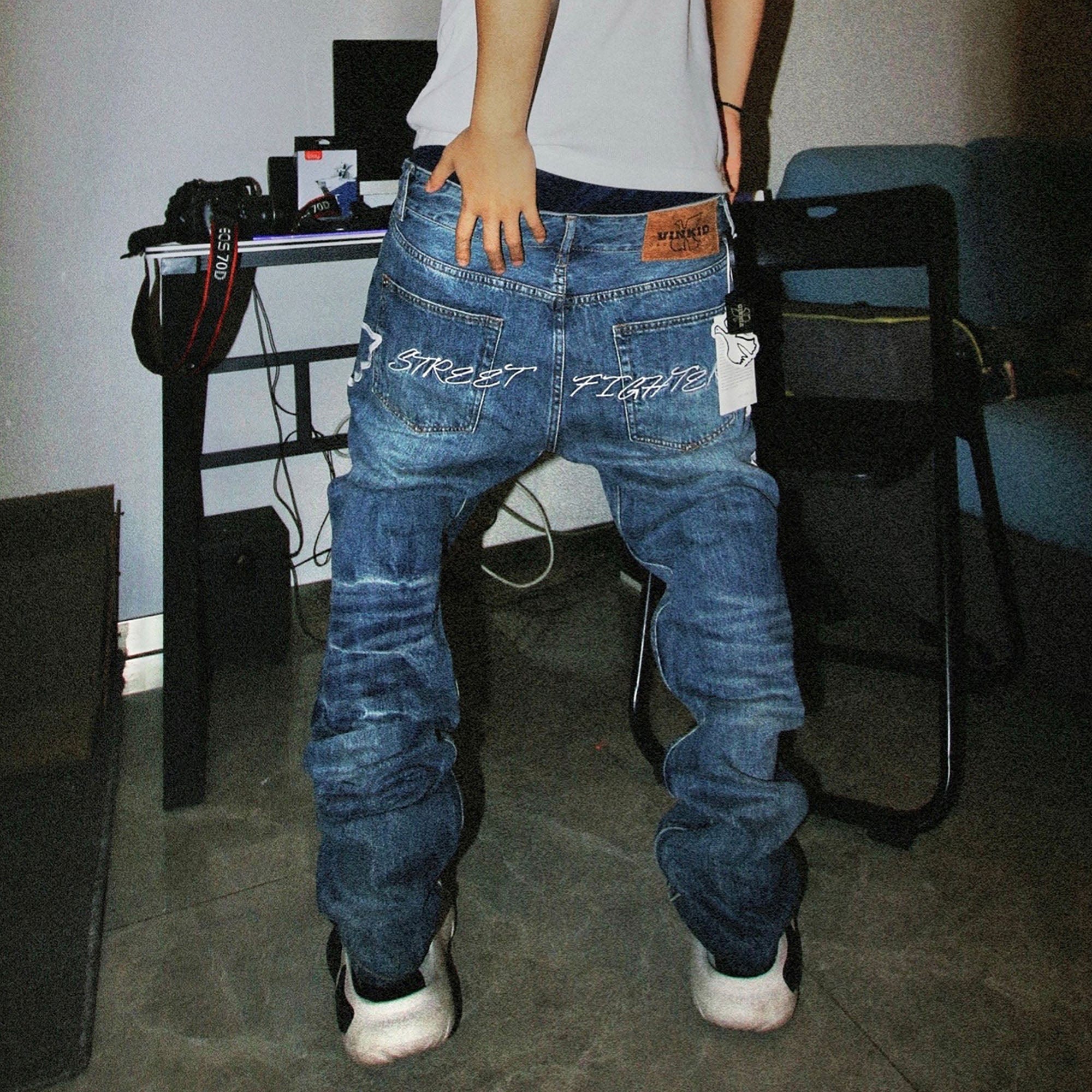 VINKID Dove Embroidered Distressed Stacked Jeans