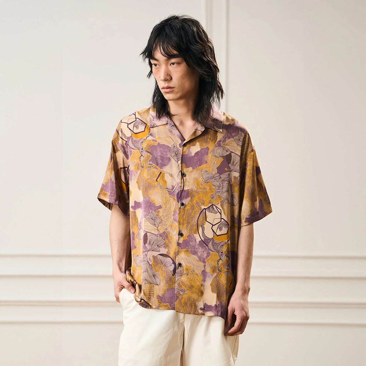 EPIC POETRY Botanic Geometry Satin Cuban Half Shirt