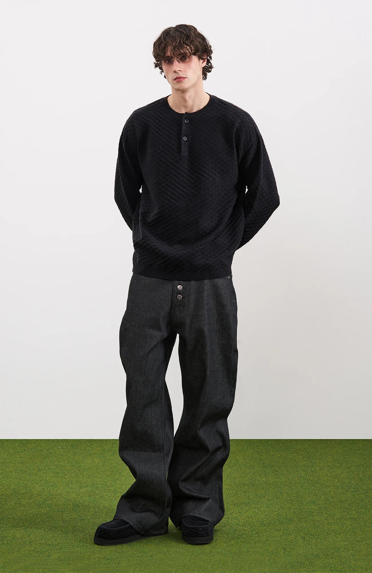 PMW Drop-Shoulder Waffle Henley Sweater