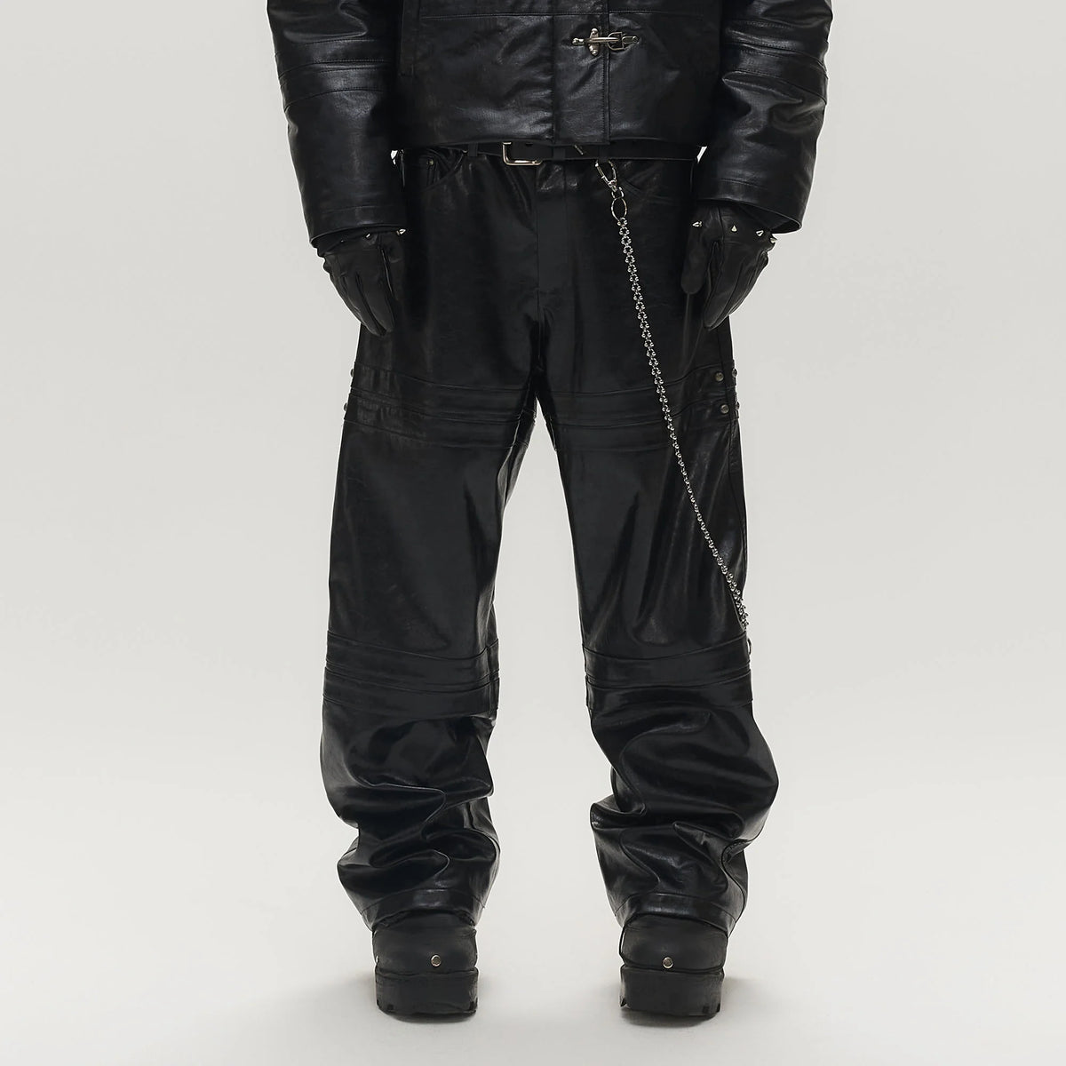 SAVAGEGROWTHWORLD Faux Leather Panel Rivet Pants