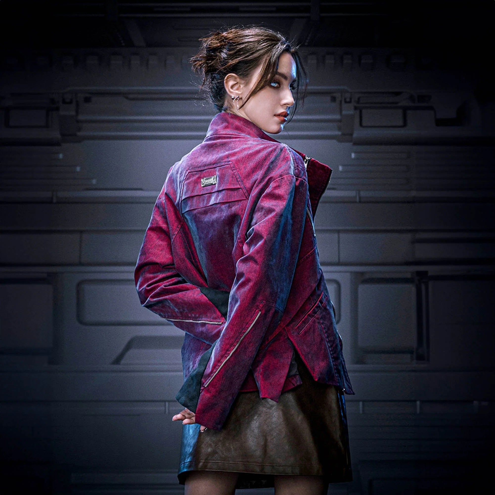 XIPHEVIL Mech Deconstructed Washed Denim Jacket Red