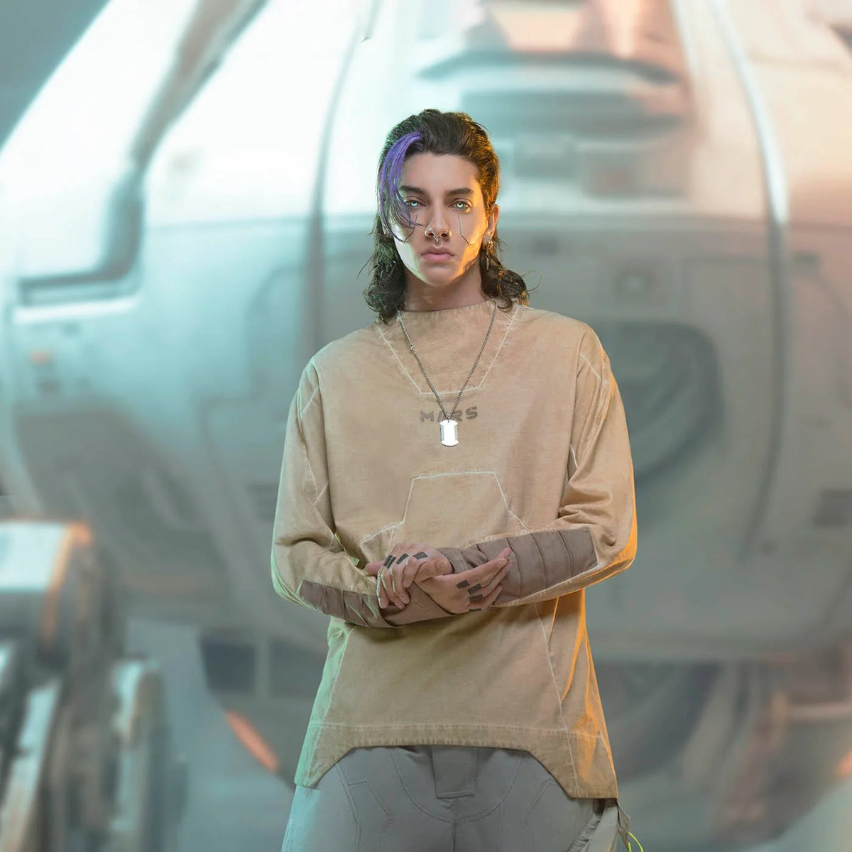 XIPHEVIL Futuristic-Distressed Paneled L/S Tee